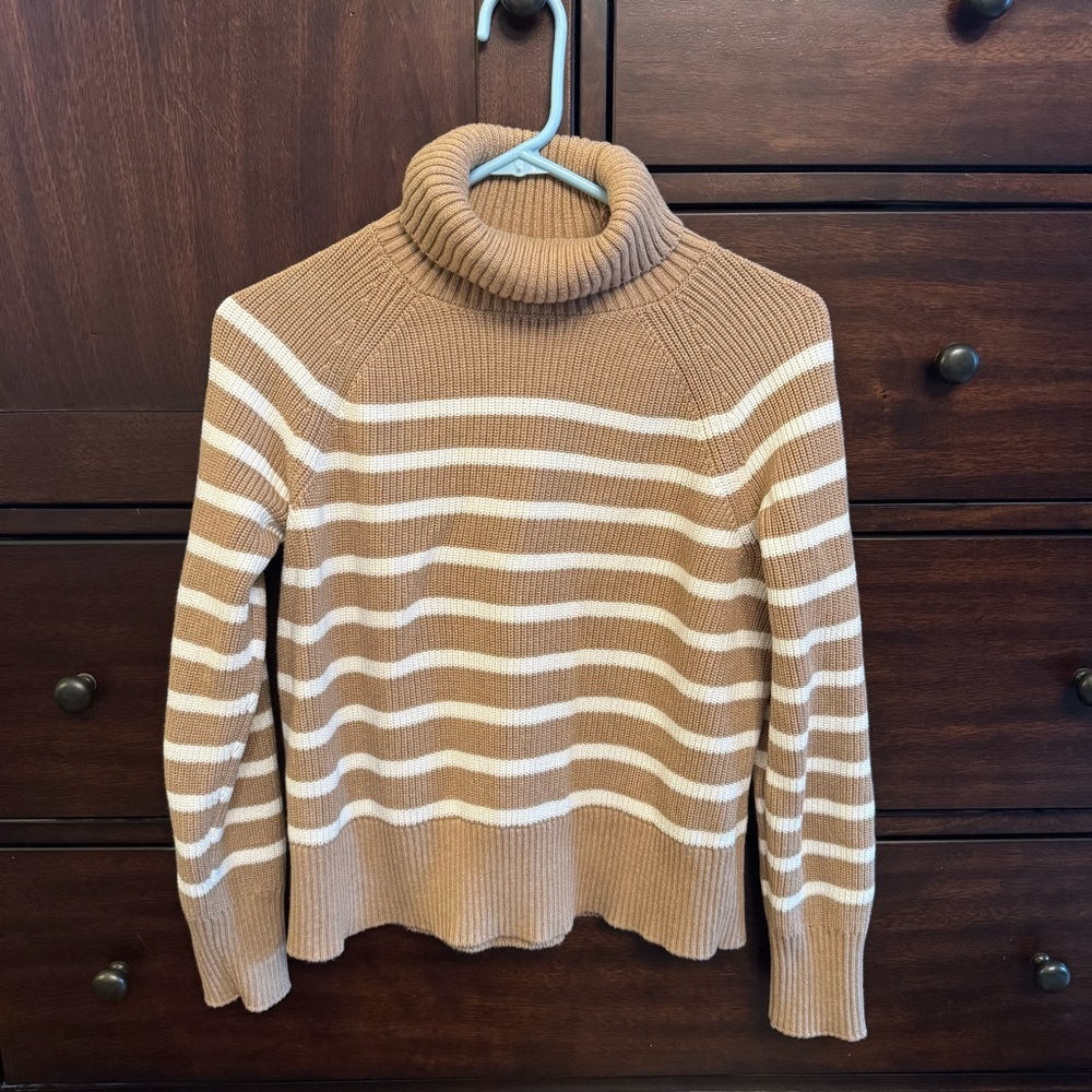 Lands’ End Brown & Cream Striped 100% Cotton Turtleneck Sweater Fall Coastal Cla